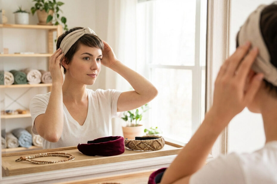 Femme aux cheveux courts ajuste un bandeau beige devant un miroir. Sur la tablette, d'autres bandeaux attendent.