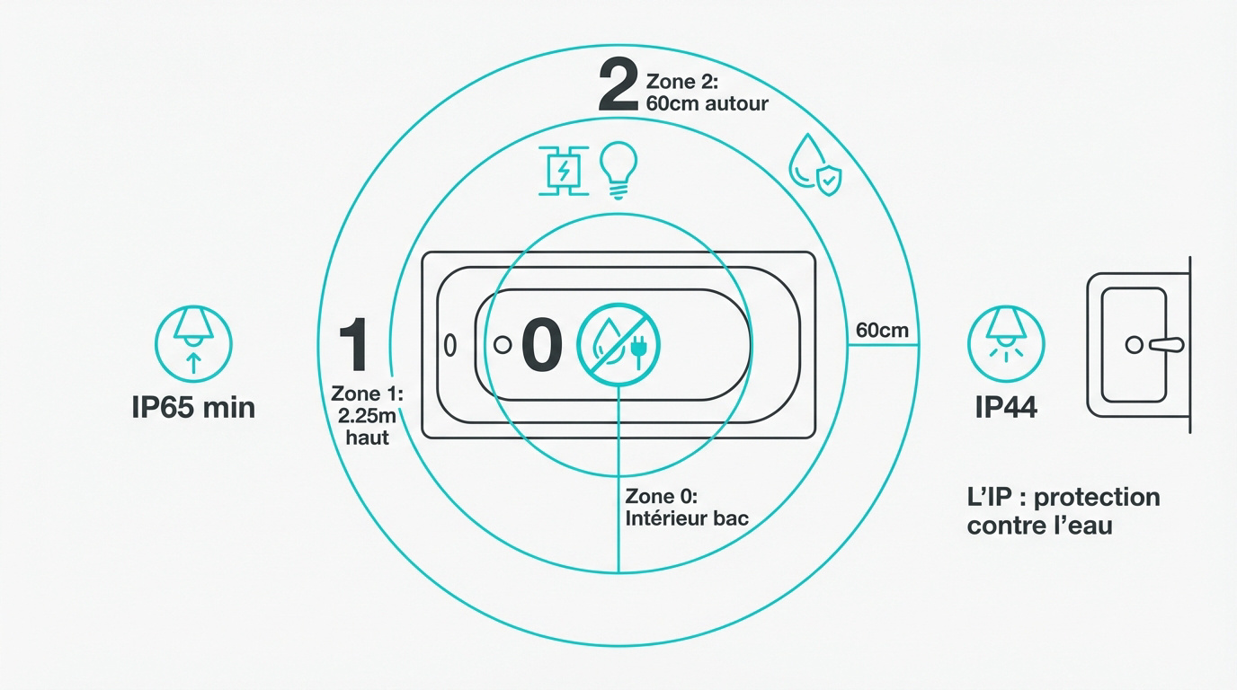 Schéma des volumes de sécurité électrique et indices IP dans une salle de bain