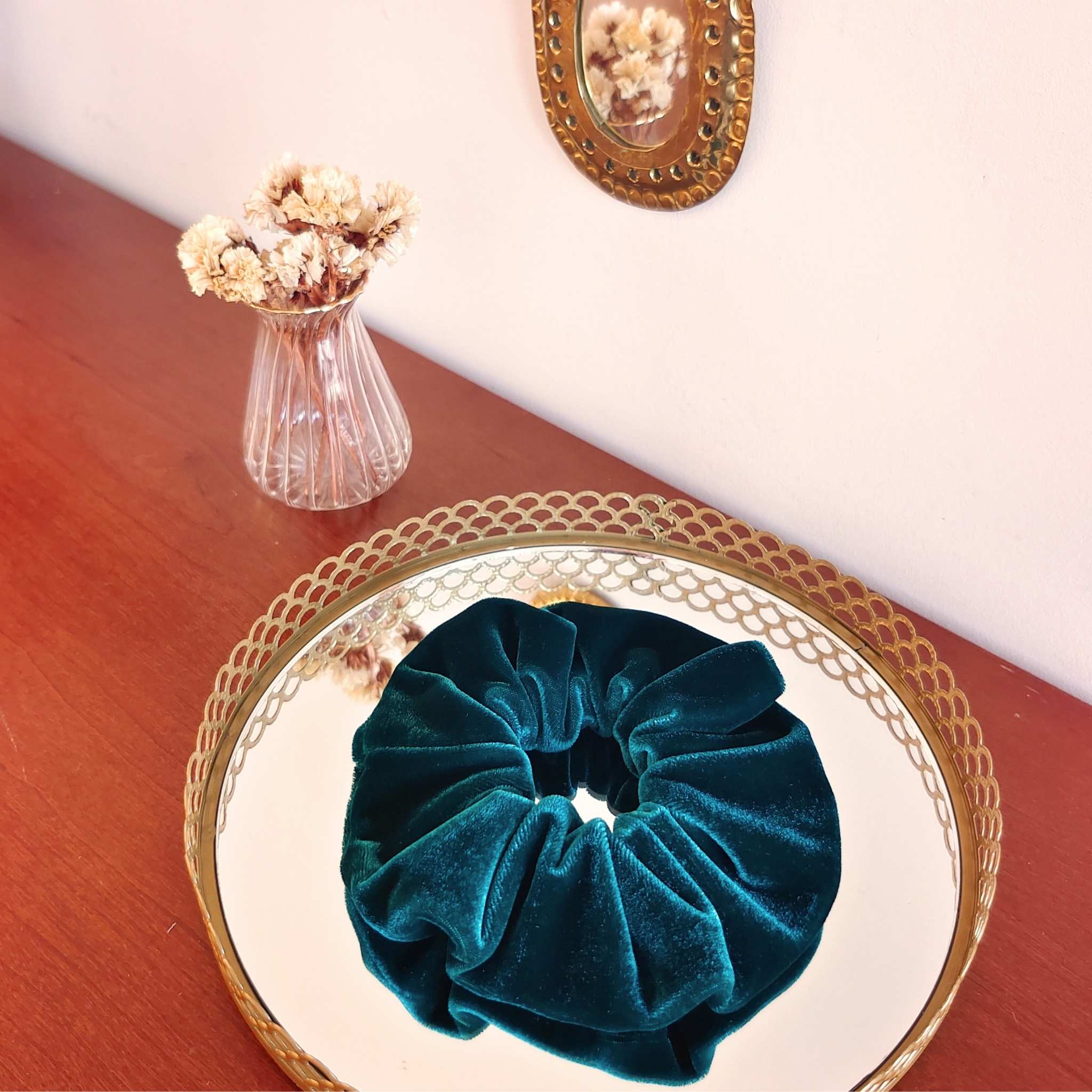 Chouchou Bleu Canard Velours Fait Main en France