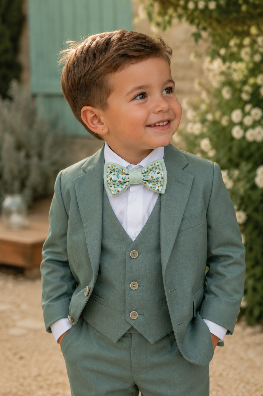garçon d'honneur élégant avec costume vert qui porte un noeud papillon vert clair pour mariage pastel avec costume vert