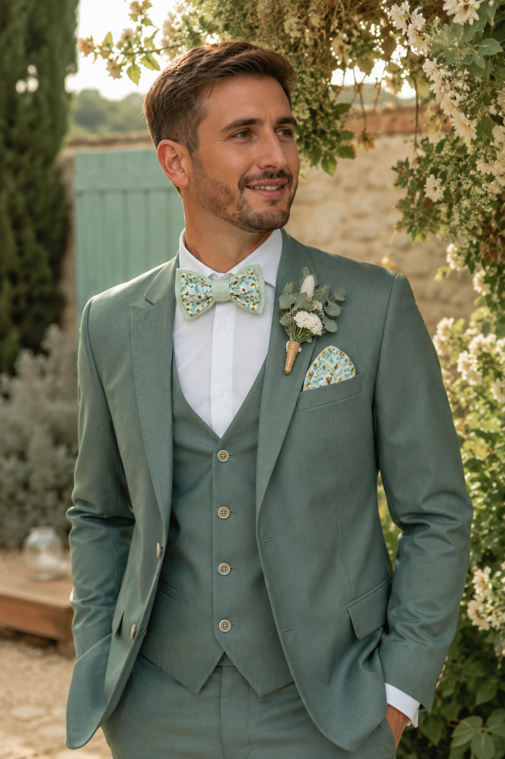 marié élégant avec costume vert qui porte un noeud papillon vert clair pour mariage pastel avec costume vert